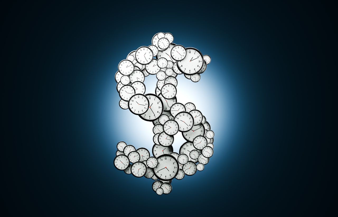Dollar sign assembled from clocks, representing payment amounts and timing