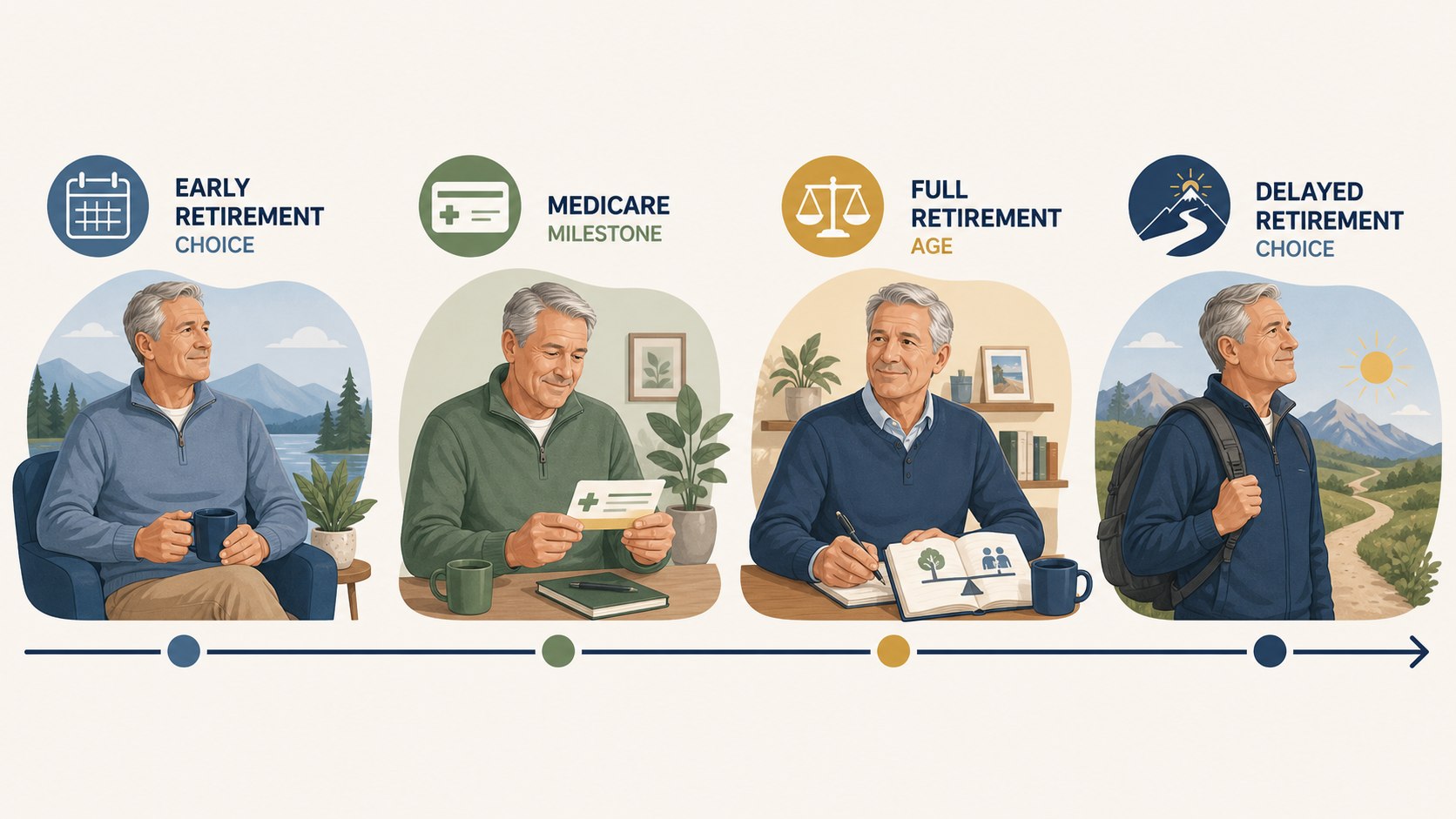 Retirement planning timeline showing the milestones at ages 62, 65, 67 and 70