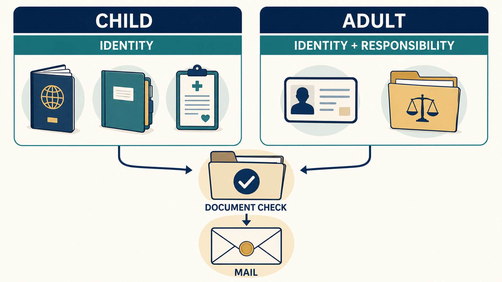 Child card replacement evidence diagram with separate child and filing-adult document paths
