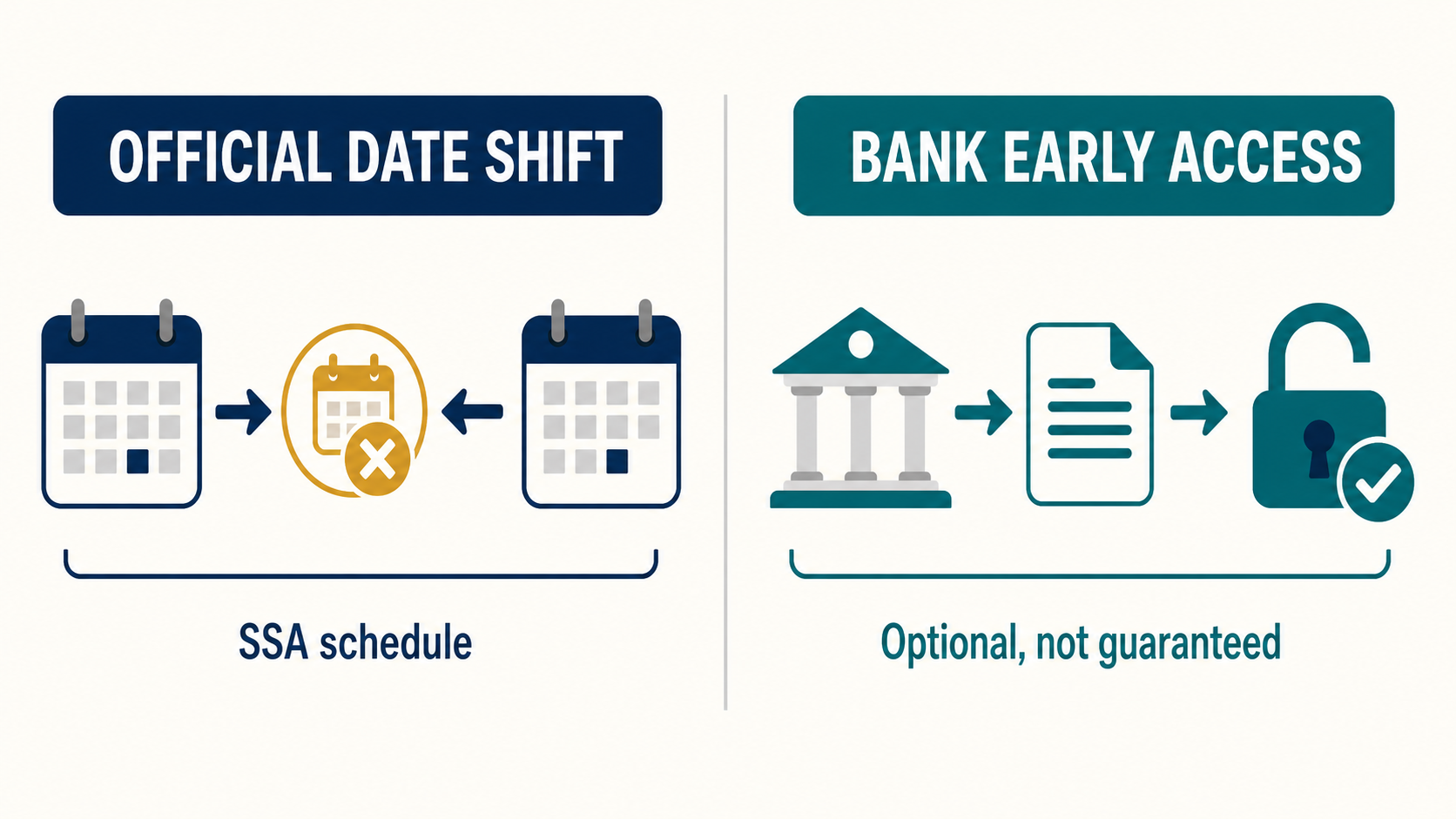 Diagram contrasting an official SSA date shift with optional bank early access